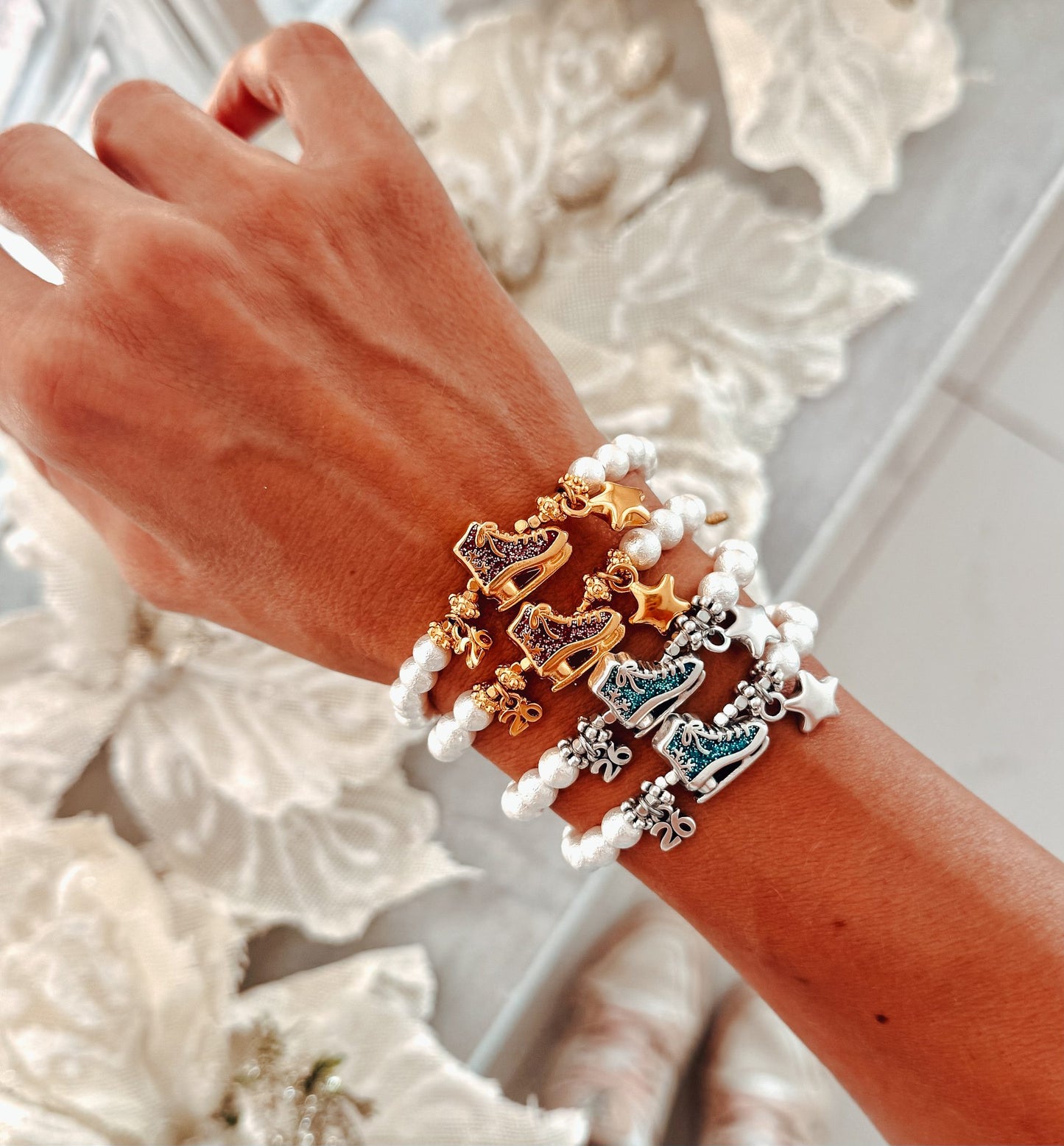 2026 silver and gold glitter ice skate bracelet