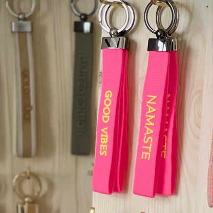 Good Vibes Woven Embroidered Keychain.