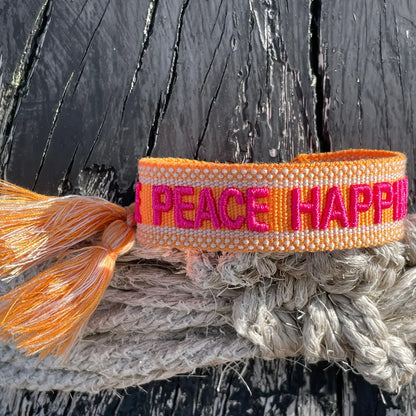 Love Peace Happiness Statement Bracelet Woven, Embroidered
