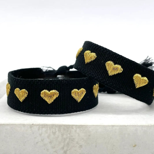 Hearts Woven Statement Bracelet, Hearts Black Gold.