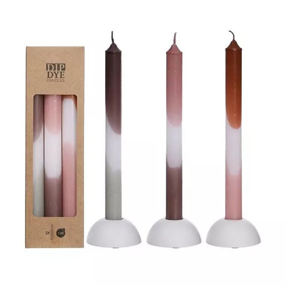 Dip Dye candle h.24 Ø2.2 cm set 3 pink-olive.