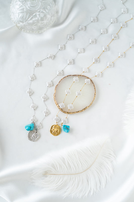 Pearl rosario with coin and turquoise