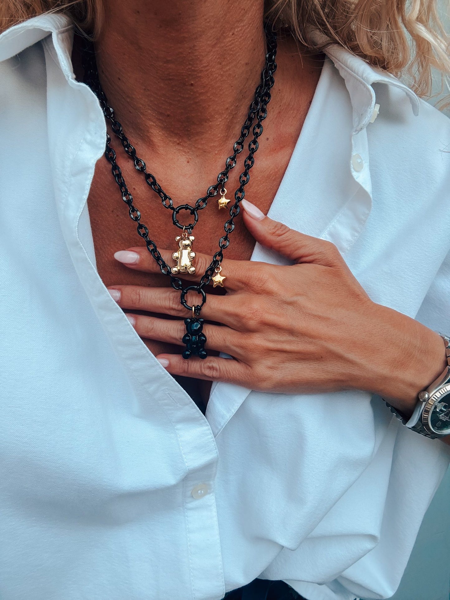 Black chain statement necklace with gummy bear