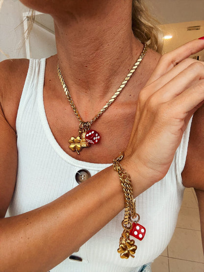 Steel necklace with Lucky clover & Dice