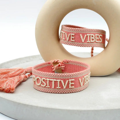 Positive Vibes Statement Bracelet Woven, Embroidered