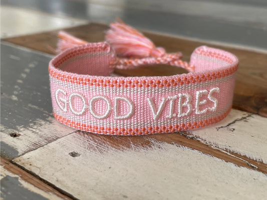 Good Vibes Statement Bracelet Woven, Embroidered, Rosy Peach