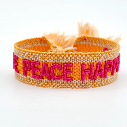Love Peace Happiness Statement Bracelet Woven, Embroidered