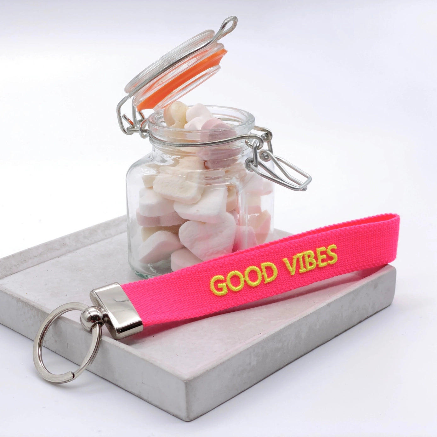 Good Vibes Woven Embroidered Keychain.